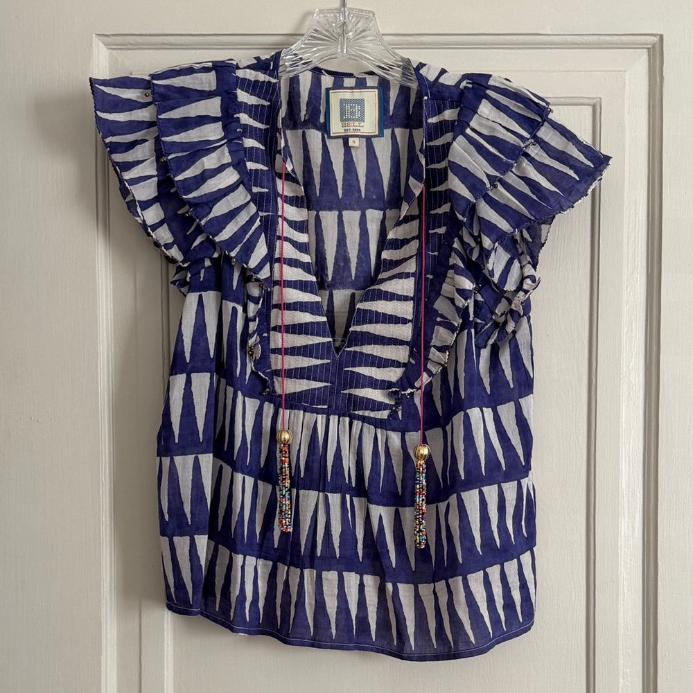 Blue & White Geometric Ruffle Sleeve Blouse